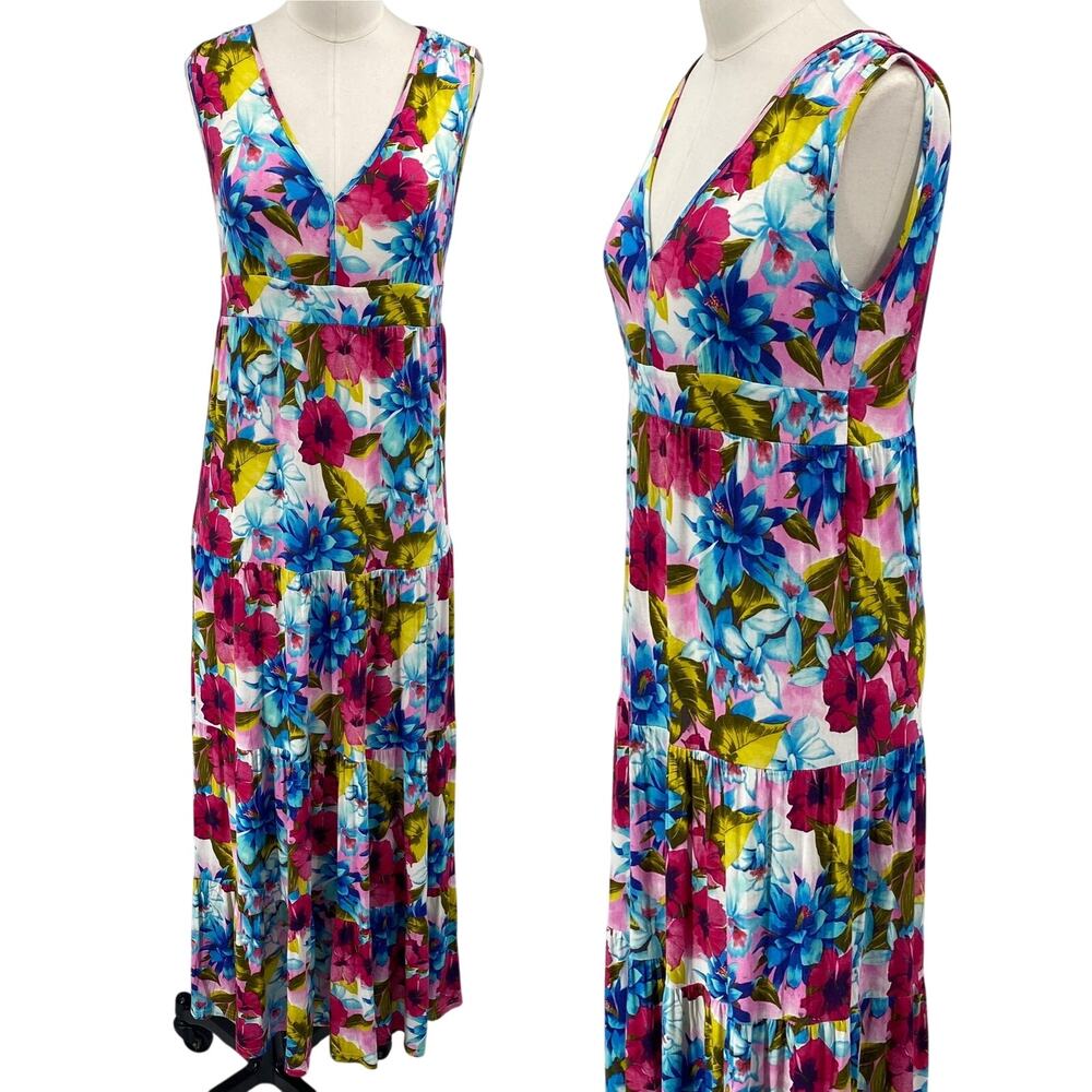 Garnet Hill Tropical Floral Maxi Dress Jersey Knit Stretchy Tiered Hibiscus XS